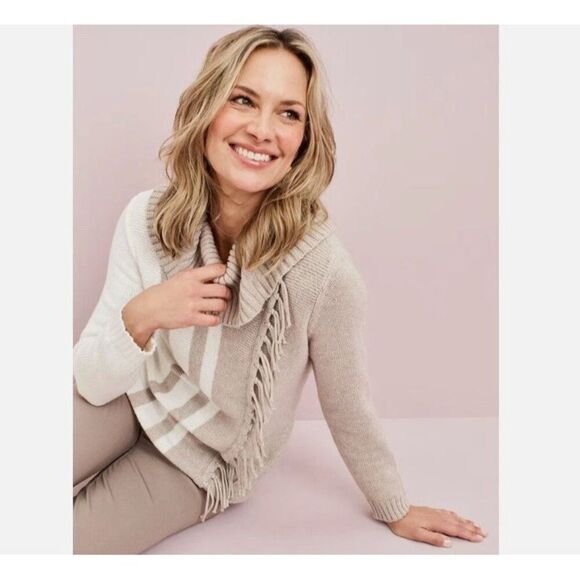 Womens Chico's Colorblock Cowl-Neck Fringe-Trim Sweater Pullover Tan Size 3 - Picture 1 of 10